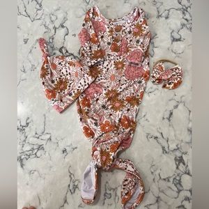 Caden lane baby gown with matching hat and bow headband